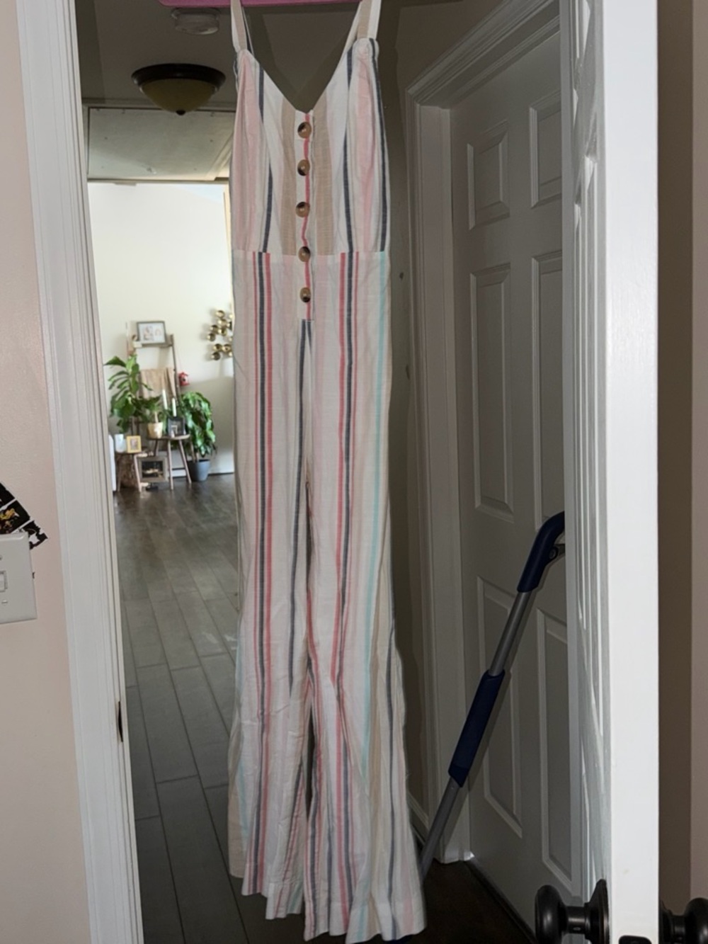 Striped Linen-Blend Jumpsuit in Cream with Pastel Stripes